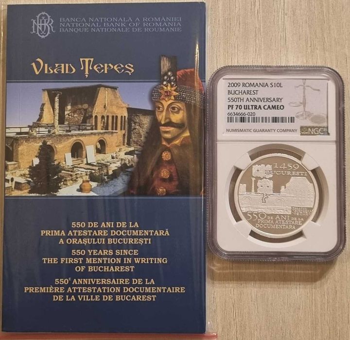 Moneda BNR 10 lei argint Vlad Tepes gradata NGC PF 70 Ultra Cameo
