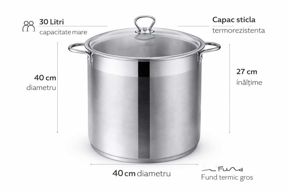 Oala inox cu capac de sticla Royalty Line 40 x 27 cm