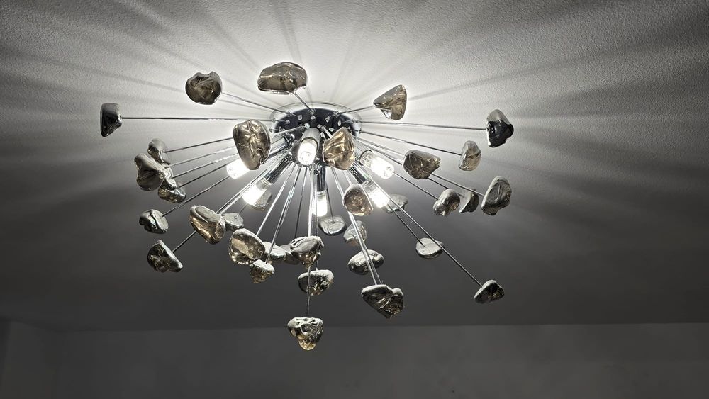 Lustre moderne / elegante – Candelabru auriu cu cristale & Lustră cromată și veioză (Se vând și separat)