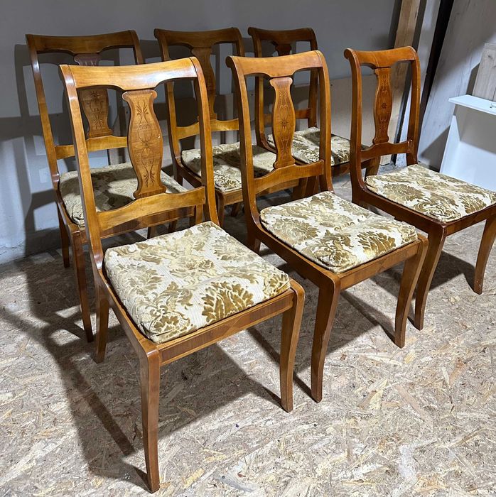 Set 6 Scaune Vintage din lemn Stil Biedermeier; Scaun cu sezut tapitat
