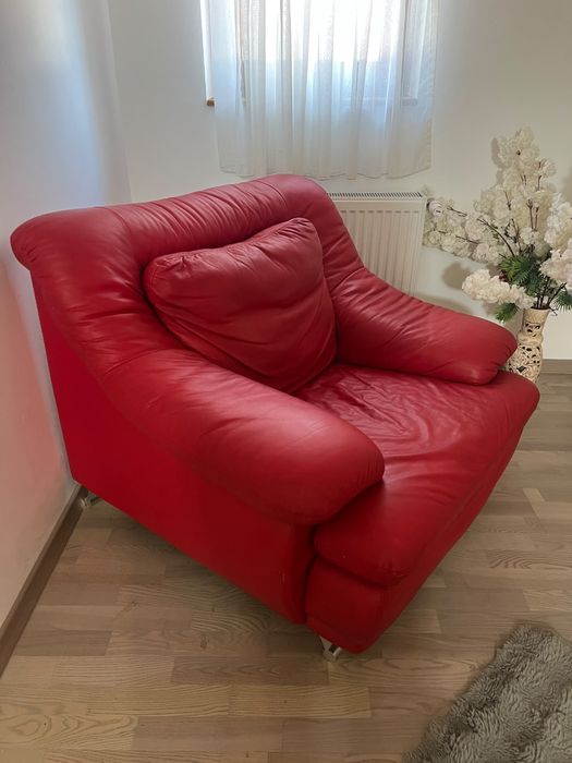 Set canapea + fotoliu din piele naturală roșie