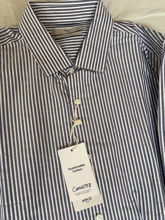 Mango, вталена риза, синьо и бяло райе, L