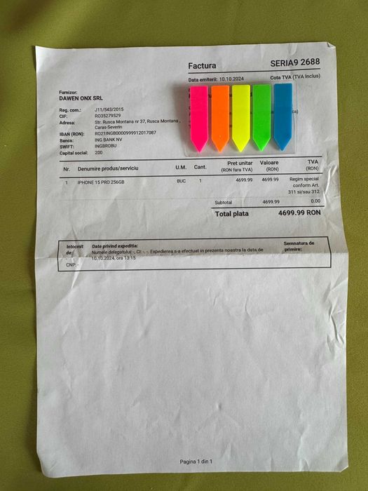 iPhone 15 Pro Natural Titanium **256Gb CA NOU** Factura achizitie