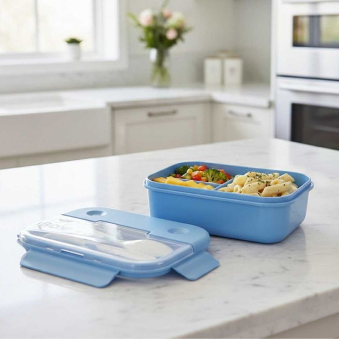 Кутия за обяд  с 3 отделения, вилица и лъжица–компактна кутия за храна