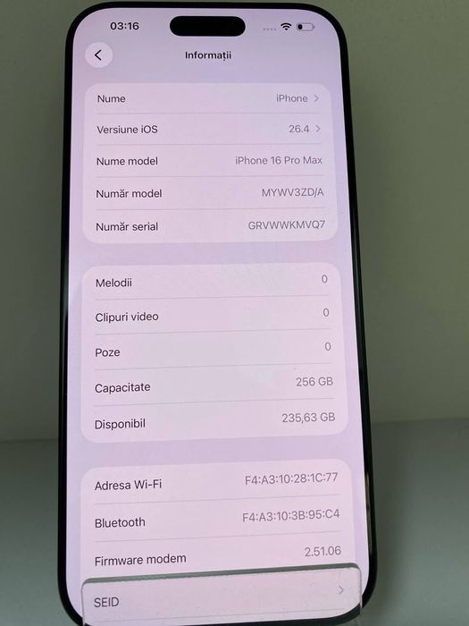 Telefon Apple iPhone 16 Pro Max 256 GB Black, Cod 126137