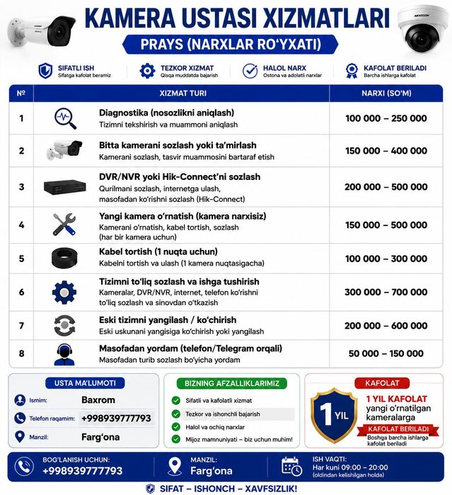 Kamera ornatish hamda Elektrik xizmatlari taklif etamiz