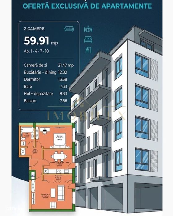 Apartament NOU 60 mp ,2 camere decomandate