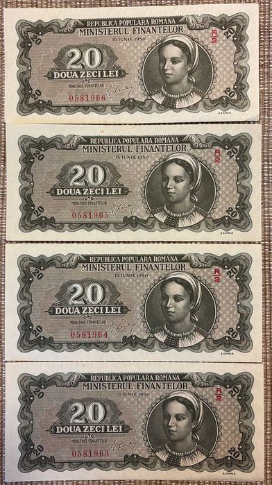4 bancnote 20 lei, 1950, UNC