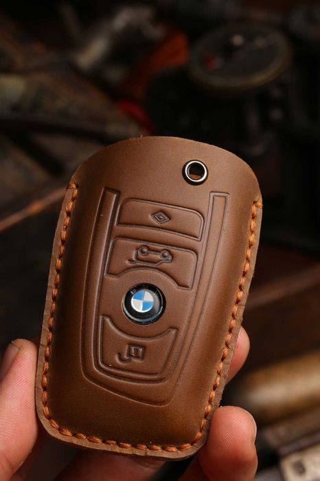 Husa cheie BMW, din piele naturala, albastru/negru/maro