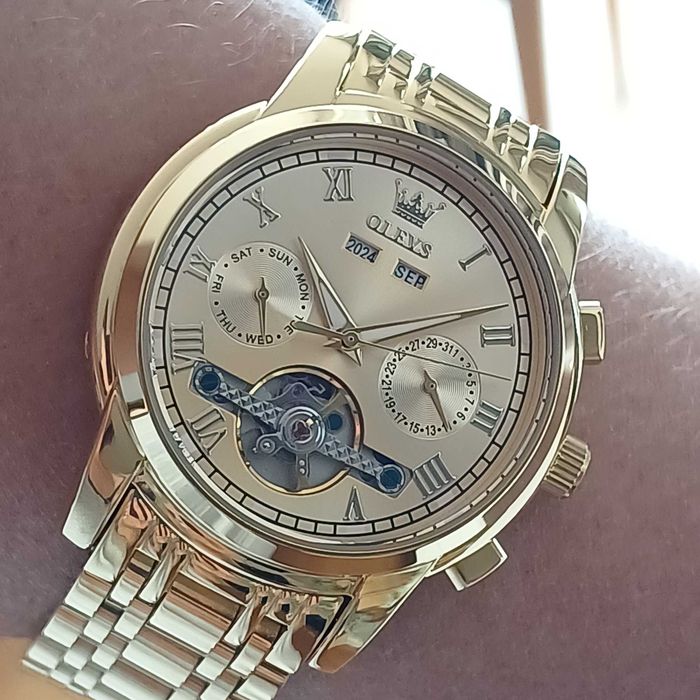 Olevs Автоматик Скелетон,HD Светещ, Календар, Мултифункционален,3 ATM