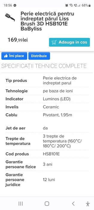 Vand Perie electrică pentru îndreptat părul Liss Brush 3D HSB101E BaBy