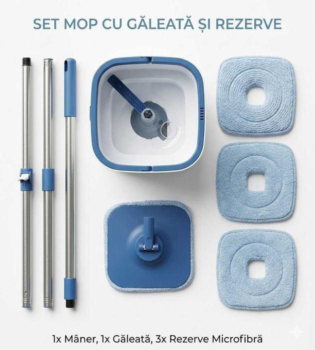 Set Mop Inteligent cu Separare Apă Curată/Murdară + 4 Rezerve Microfibră