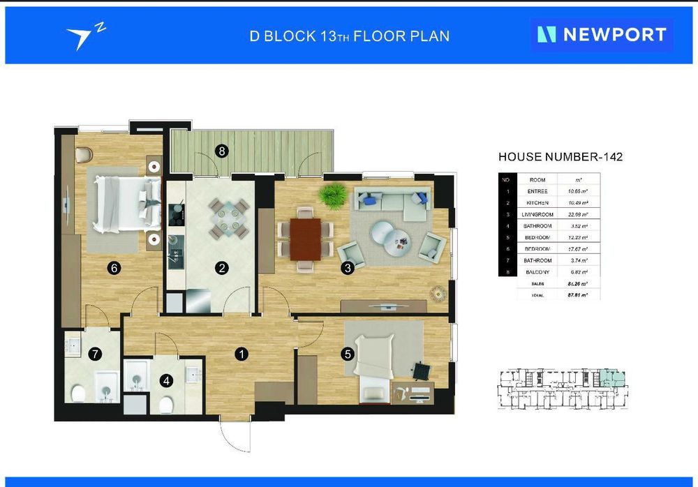 3-комн. | ЖК New Port | Коробка | Яккасарай