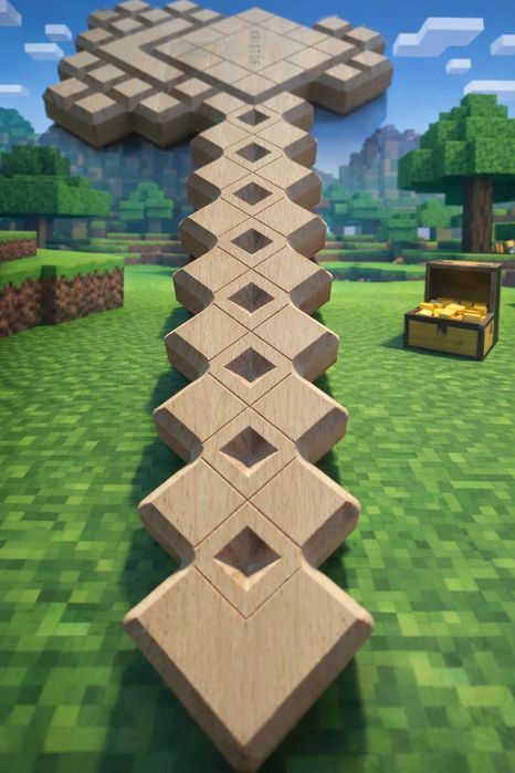 Set copii Minecraft, "Diamond Sword and Axe", lemn masiv, cu suport