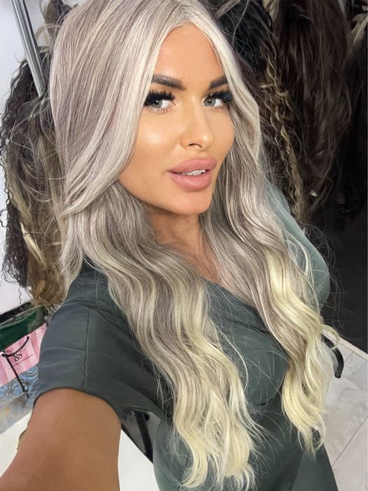 Peruca semi naturala blond gri deschis balayage lunga