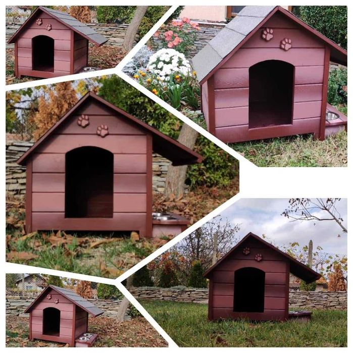 Къща за куче със стряха + купи;Колиба за кучета;Къщи за кученца-Кафява