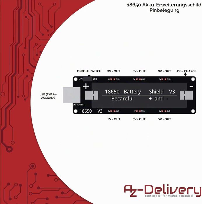 AZDelivery Разширителен щит за батерия, 18650, V3, с USB кабел