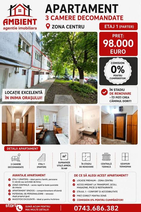 Apartament cu 3 camere, etaj 1 (parter cu demisol), VASLUI zona CENTRU