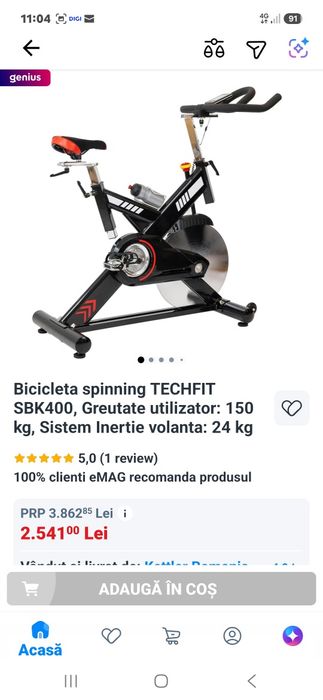 Bicicleta spinning  profesionala TECHFIT SBK400, , Sistem Inertie volanta: 24 kg