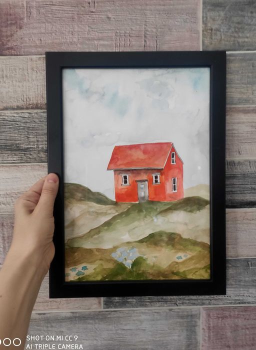 Нова картина с рамка ръчно рисувана акварел червена планинска къща