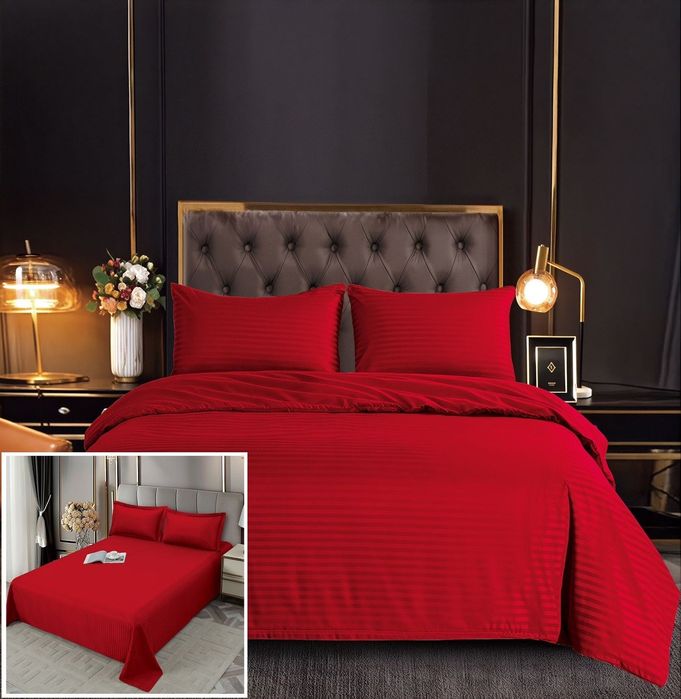 Lenjerie Damasc Danemarca Df009, Damasc, 6 Piese, Fara Elastic, Rosu