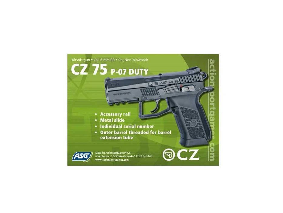Лицензиран Еърсофт пистолет CZ 75 P-07 DUTY ASG  без GNB и с GBB CO2