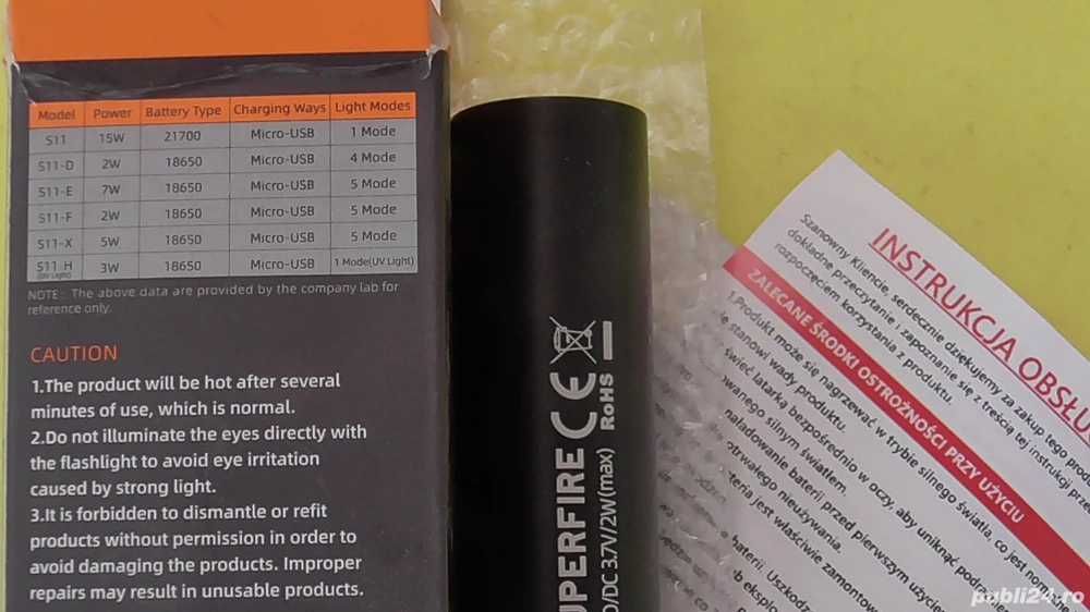 lanterna SUPERFIRE metalică de buzunar (2w), design practic, cu baterie format 18650