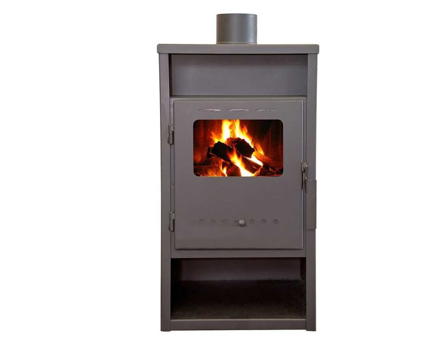 Semineu Incalzit Lemne Samotat Sticla 41x40x85cm Evacuare 120mm 7 kW Bucatarie Baie Camera Spatiu Depozit Garaj Cabana + LIVRARE GRATUITA