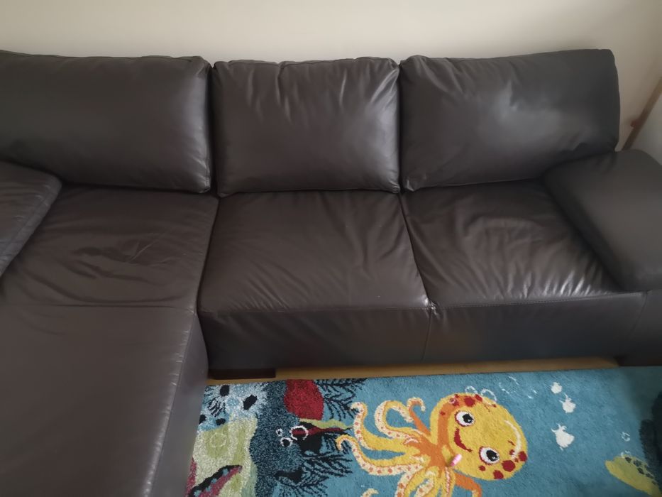 Кожен диван естествена кожа тъмно кафяв с лежанка
