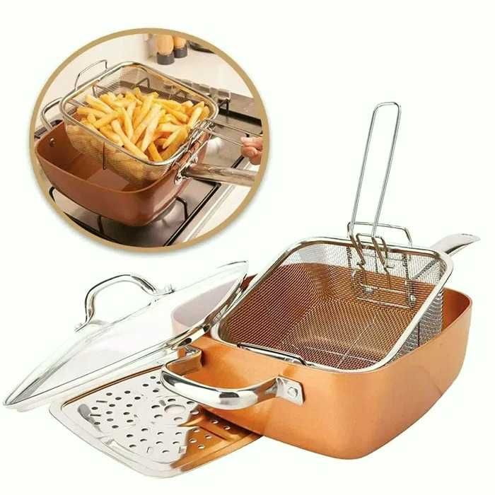 Нов дълбок меден тиган Copper Pan, Комплект 6 в 1, Незалепващо Cerami-Tech покритие, Индукционно дъно С лека драскотина