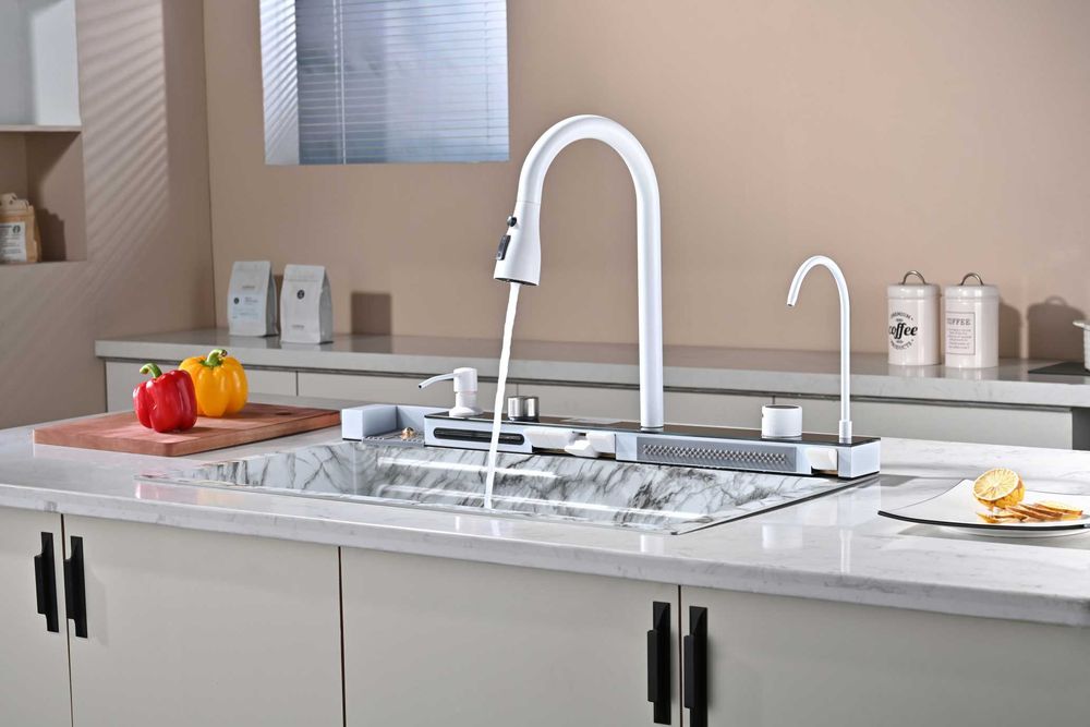 Бял мрамор - Мултифункционална кухненска мивка с двоен водопад