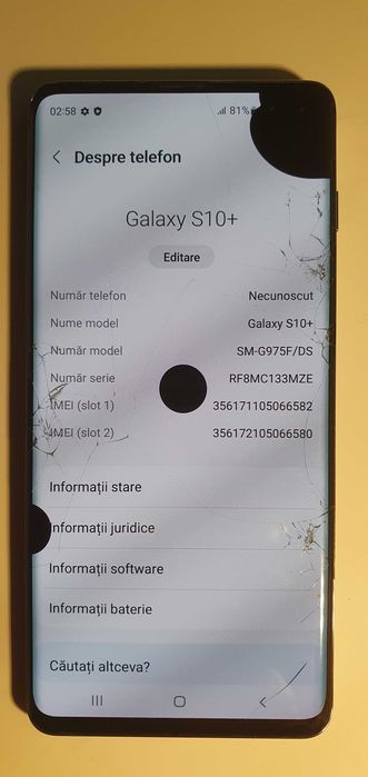 Samsung Galaxy S10+ (model SM-G975F/DS), functional, ecran spart, pentru piese