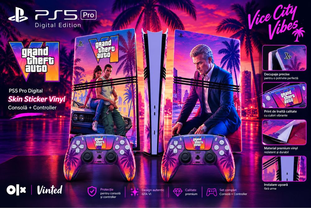 Skin Vinil Premium PS5 Pro si Controller - Design GTA VI Edition