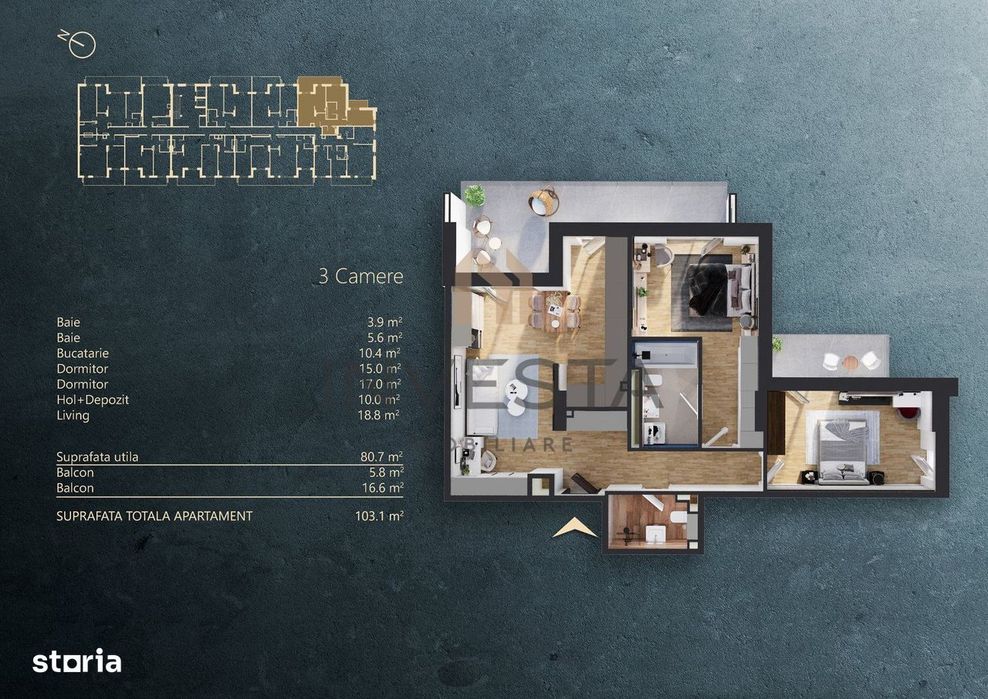 Apartament 3 camere de 80 mp, cladire nZEB, bloc nou, zona Iris