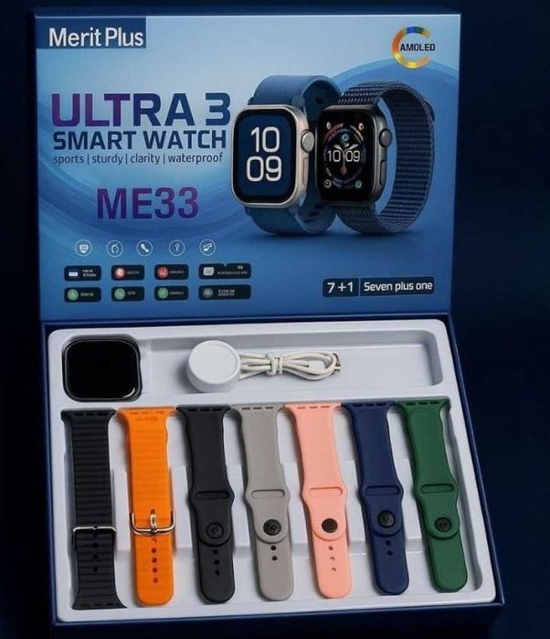Смарт часовник Mefit Plus Ultra 3 ME33 - комплект 7 + 1 каишки с AMOLED дисплей - Черен / Златисти