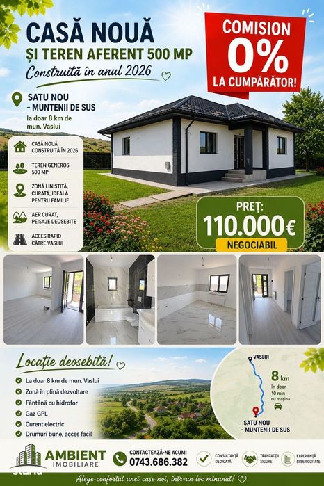 Casa individuala 110 mp, teren 500 mp, SATU NOU, FARA COMISION!