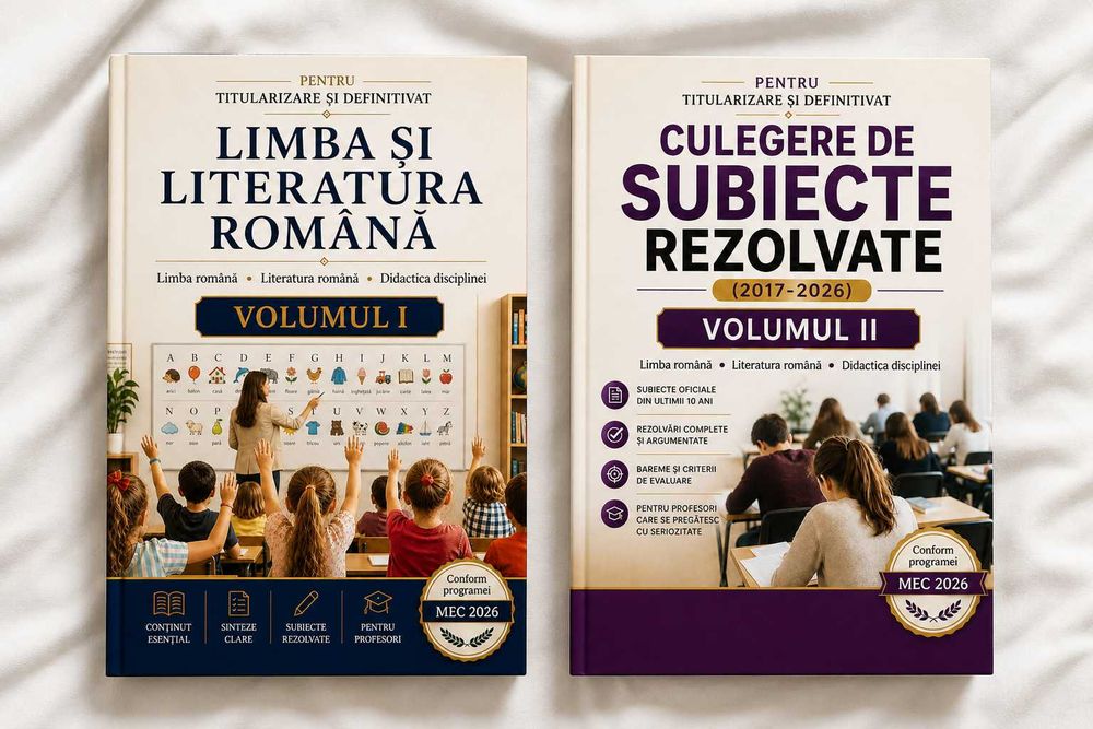 Pregatire Titularizare si Definitivat Limba si Literatura Romana – Sinteze + Subiecte rezolvate (2017–2026), 2 volume, ghid complet pentru profesori