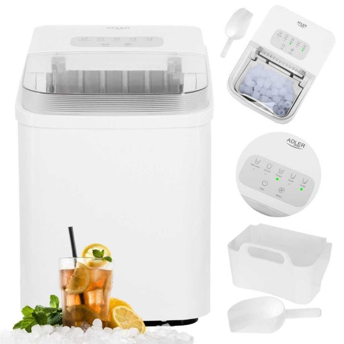 Ледогенератор Adler AD-8800, 105W, 12кг/24ч, 1.4L резервоар, Тъч панел, R600a агент, 2 размера на ледчета, Бял