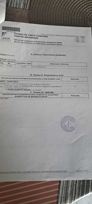 Vand teren Agricol com Zabrani 1,4 Ha