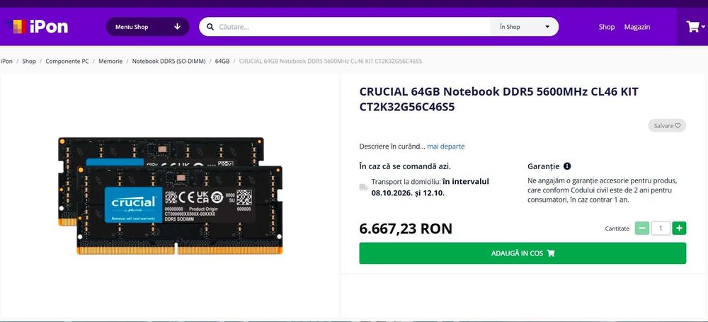 memorie sodim crucial 64 GB DDR5 5600MHz , Notebook , kit dual , sigilat , nou