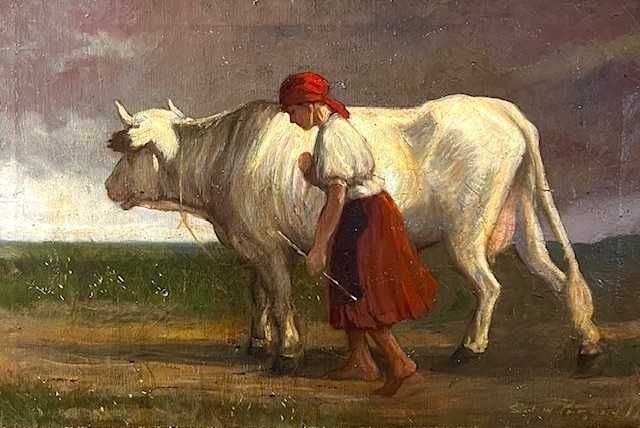 "Cu vaca la pascut" Tablou F, FOARTE VECHI, ulei/pz, semnat, 60x40cm+R