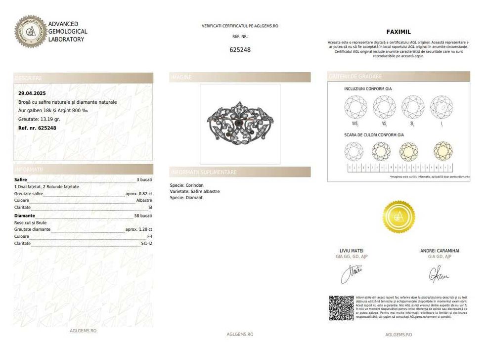 Broșă din aur și argint, decorată cu safire și diamante, în. sec. XX