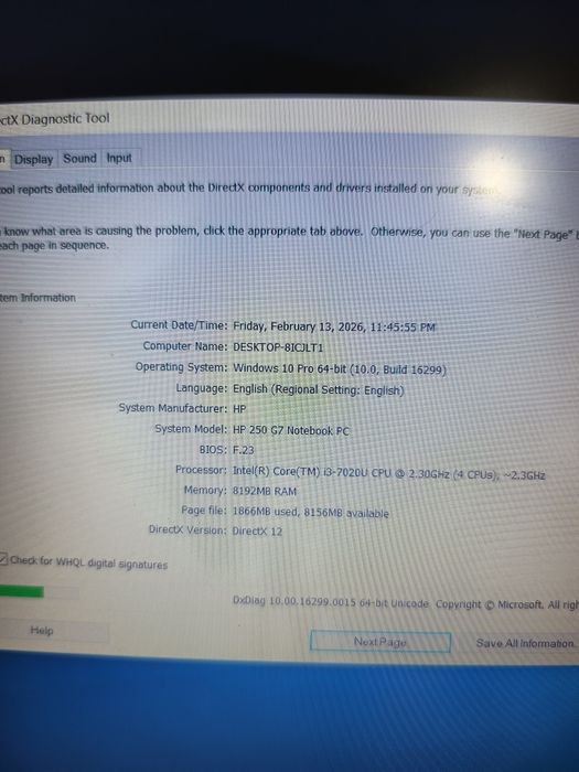 Laptop i3  gen 7020U