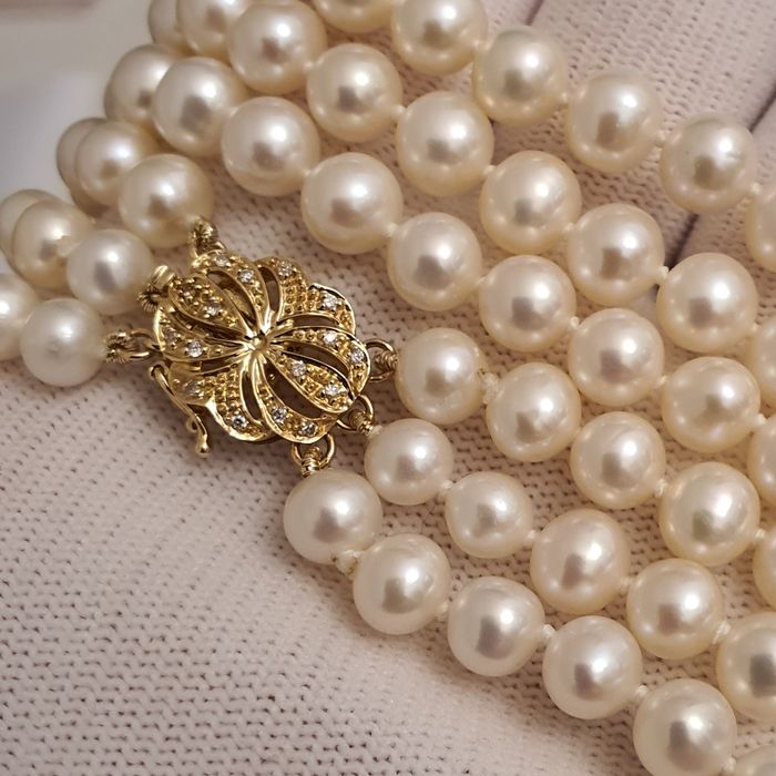 colier triplu perle naturale inchizatoare aur 14k cu diamante naturale