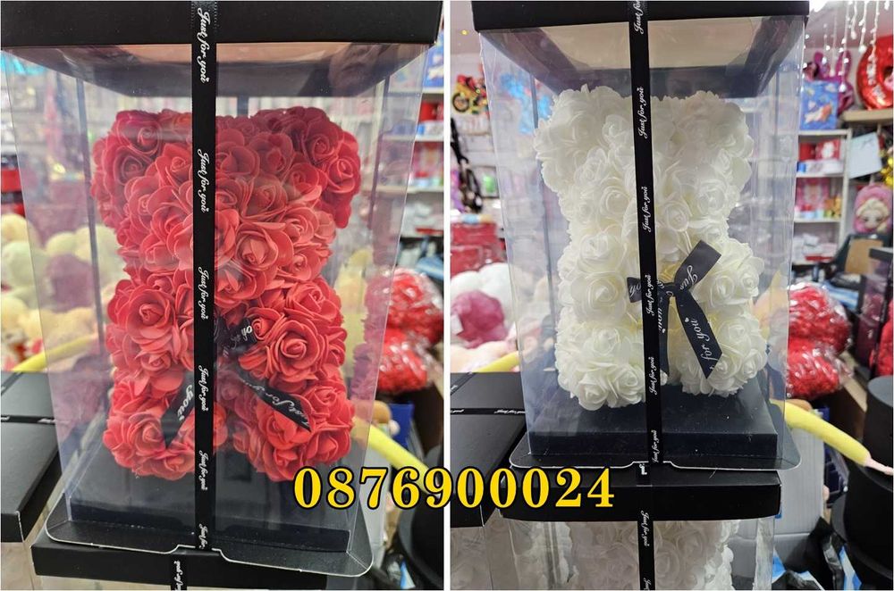 ПРОМО! ЛУКСОЗНО Мече от вечни рози Подарък за Свети Валентин 2 РАЗМЕРА