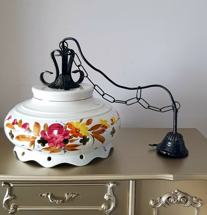 Candelabru/veioze vechi din bronz ceramică și lemn