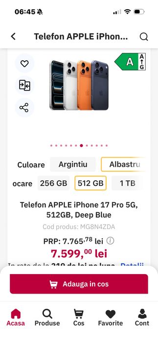 Smartphone Apple iPhone 17 Pro 512GB Deep Blue SIGILAT
