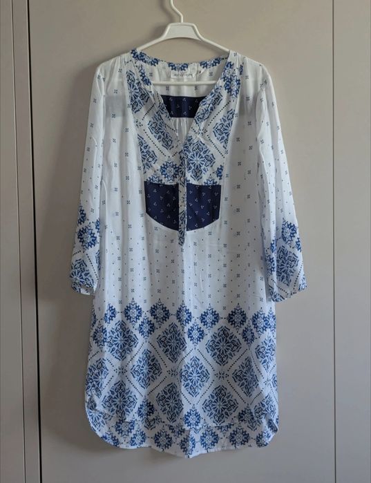 Rochie tunică / cămașă lungă boho H&M, alb-albastru, mărimea 40/42