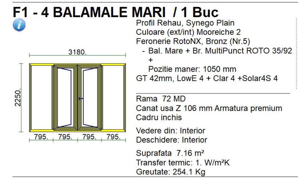 Vand panou termopan nou, profil Rehau, 3180x2250 mm