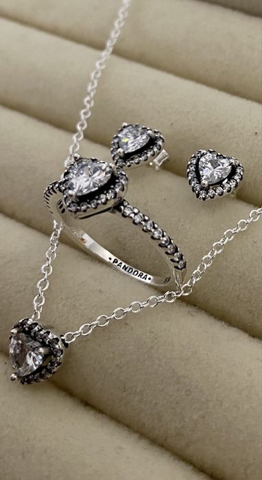 PANDORA Set Bijuterii din Argint S925 ALE (Inel, Cercei, Colier) Inimioare Argintie – Vânzare Rapidă!Nou!!!